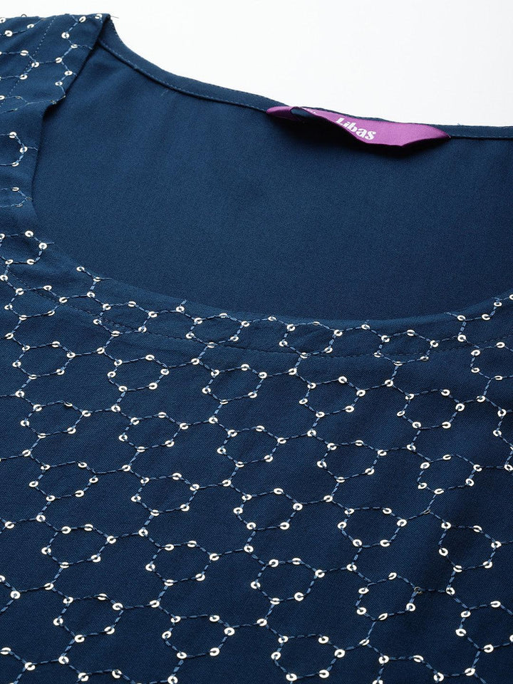 Plus Size Blue Rayon Embellished Straight Kurta - ShopLibas