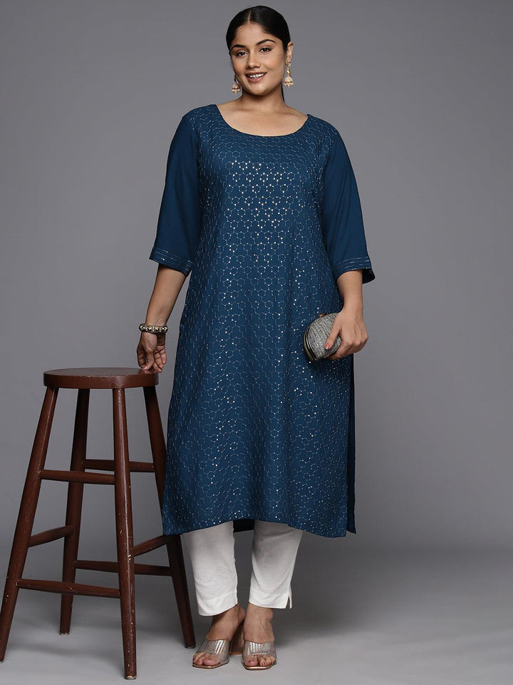 Plus Size Blue Rayon Embellished Straight Kurta - ShopLibas