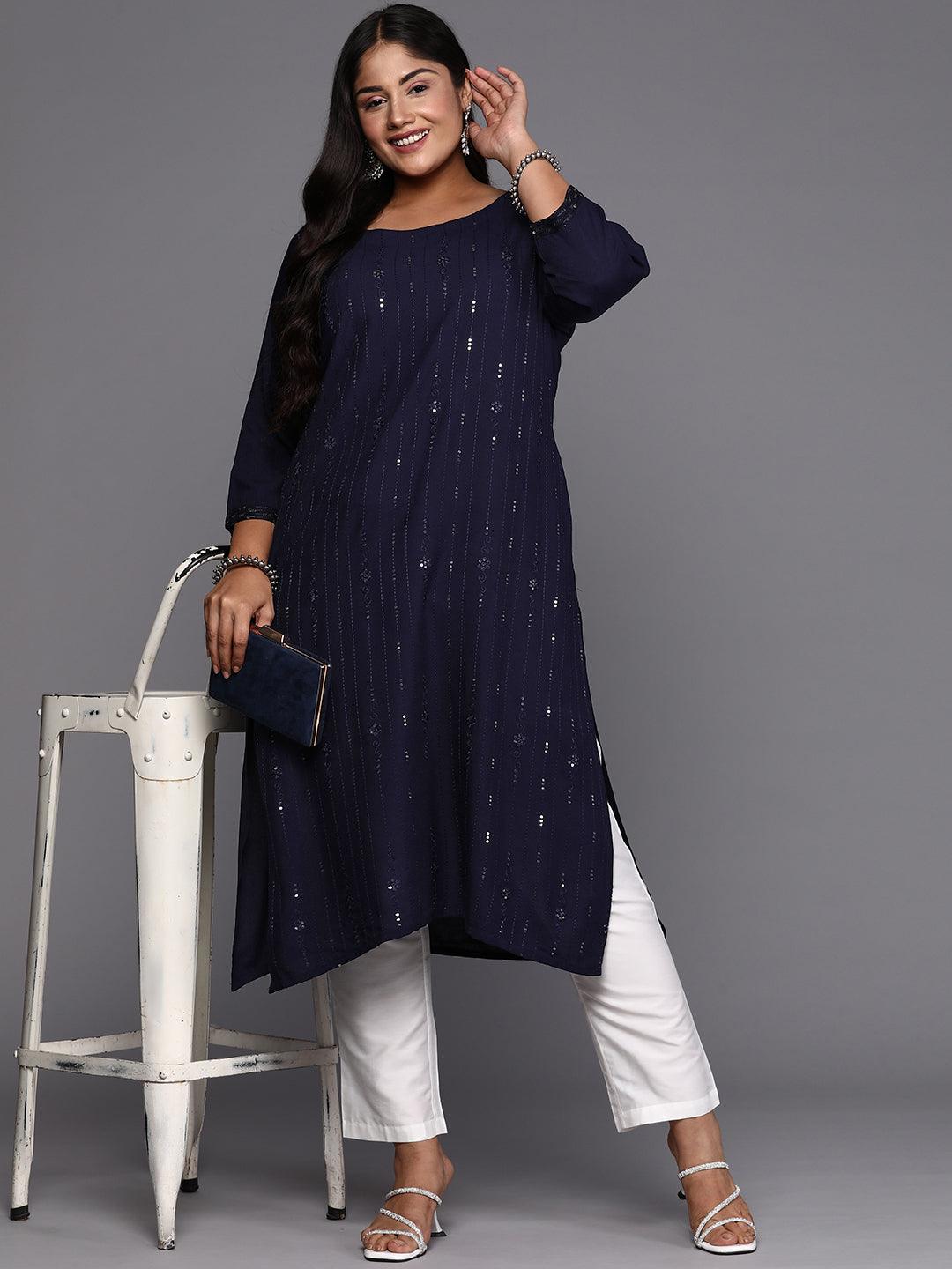 Blue Embroidered Rayon Straight Kurta - ShopLibas