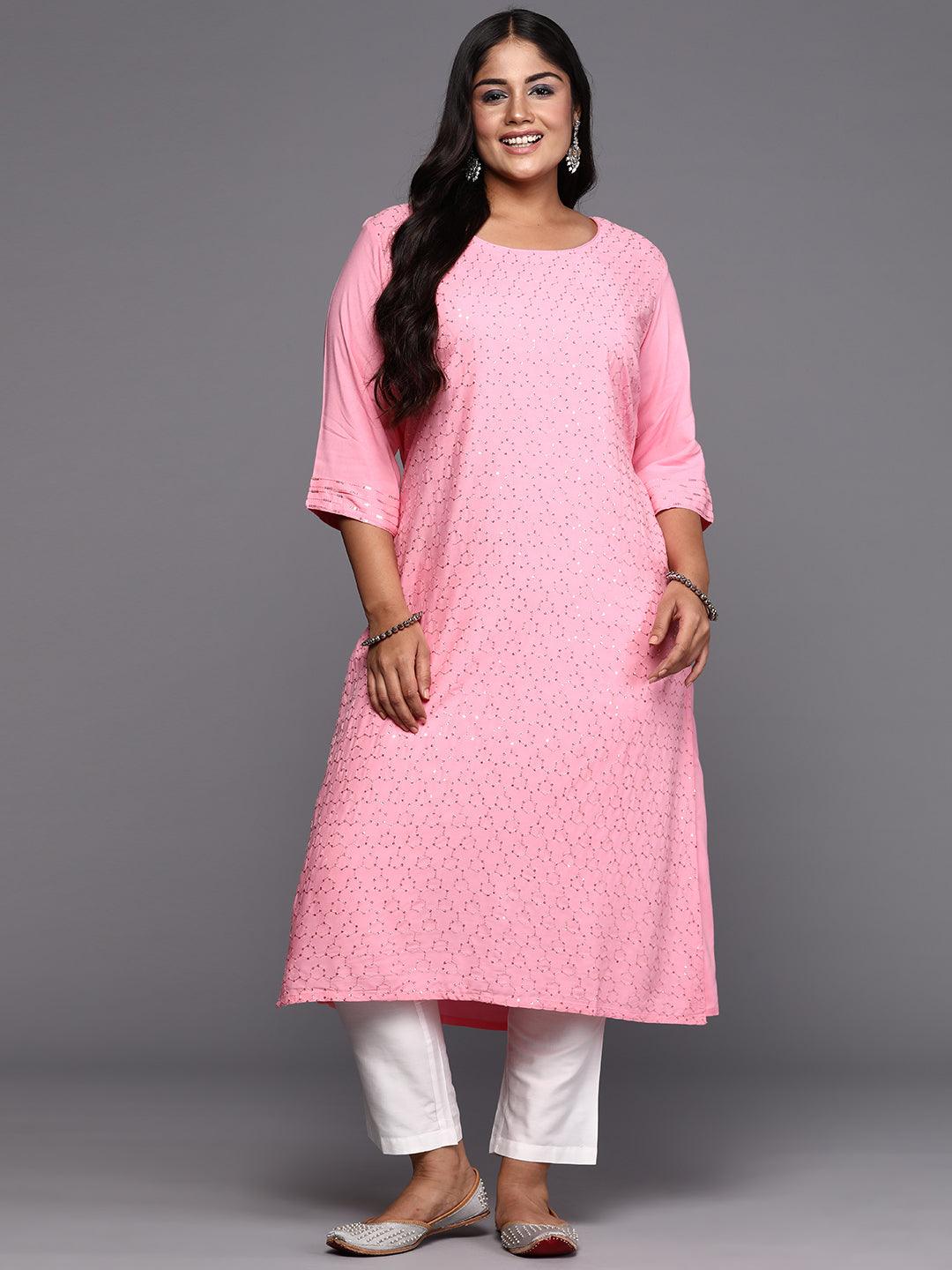 Pink Embroidered Rayon Straight Kurta - ShopLibas