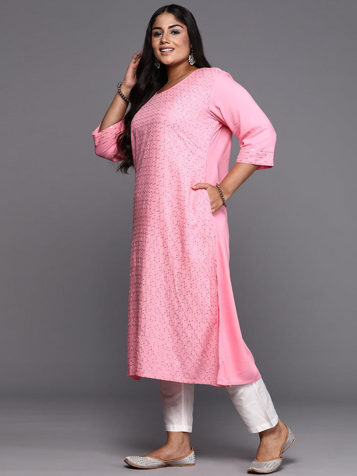Pink Embroidered Rayon Straight Kurta - ShopLibas