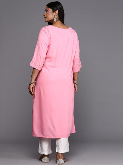 Pink Embroidered Rayon Straight Kurta - ShopLibas