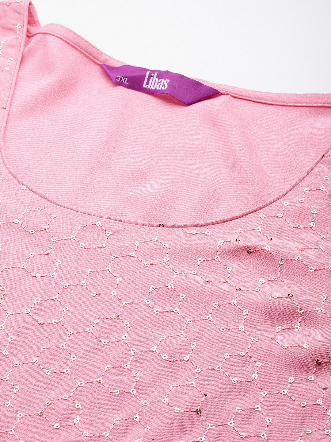 Pink Embroidered Rayon Straight Kurta - ShopLibas