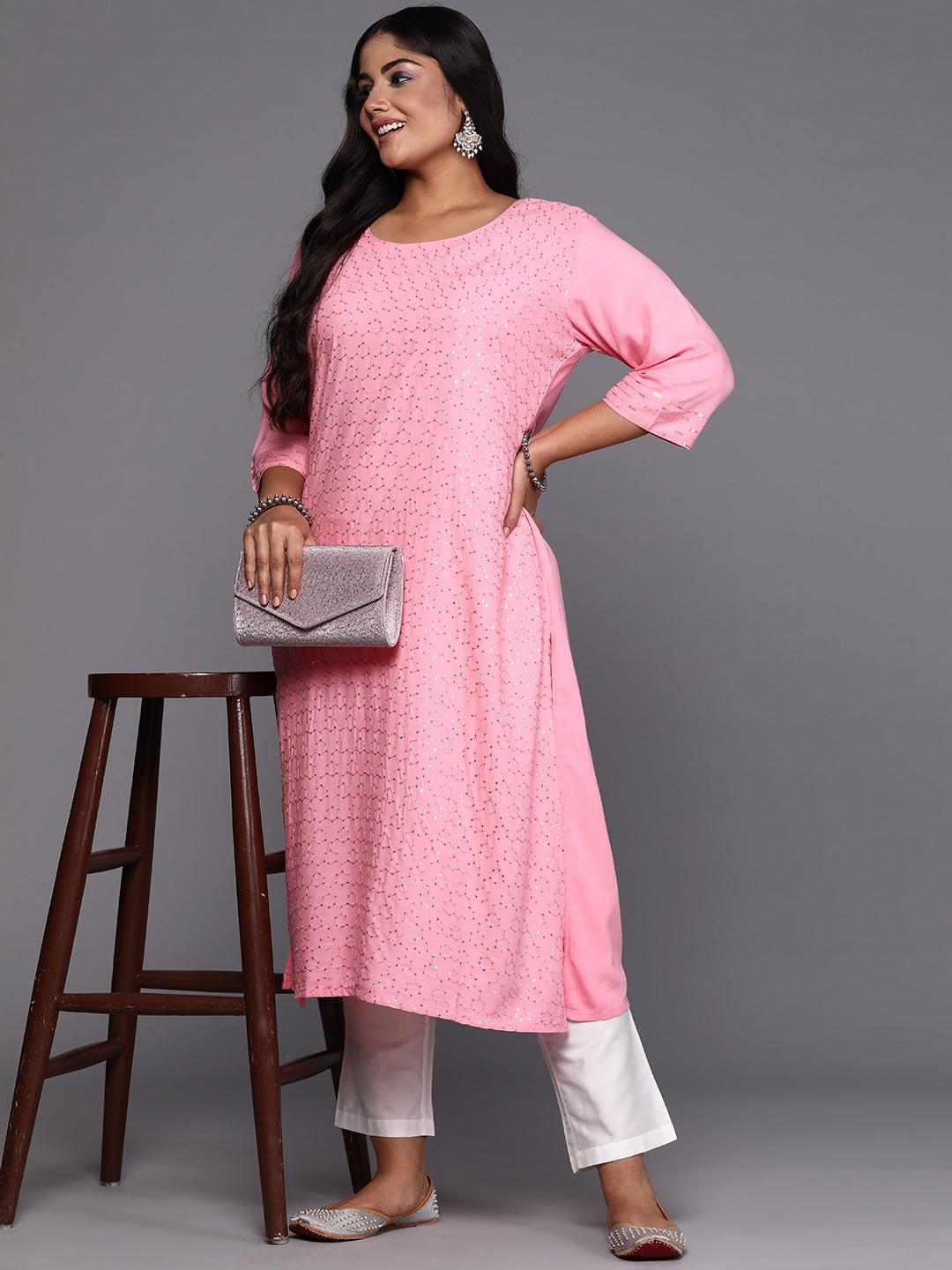 Pink Embroidered Rayon Straight Kurta - ShopLibas