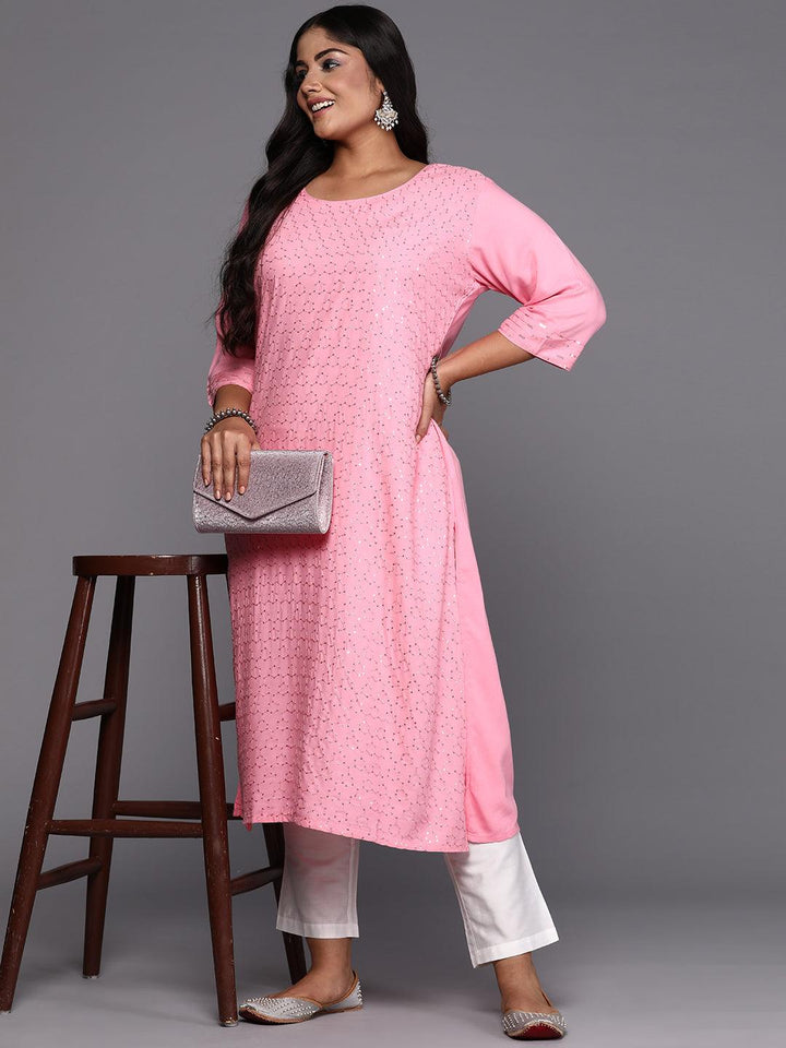 Pink Embroidered Rayon Straight Kurta - ShopLibas