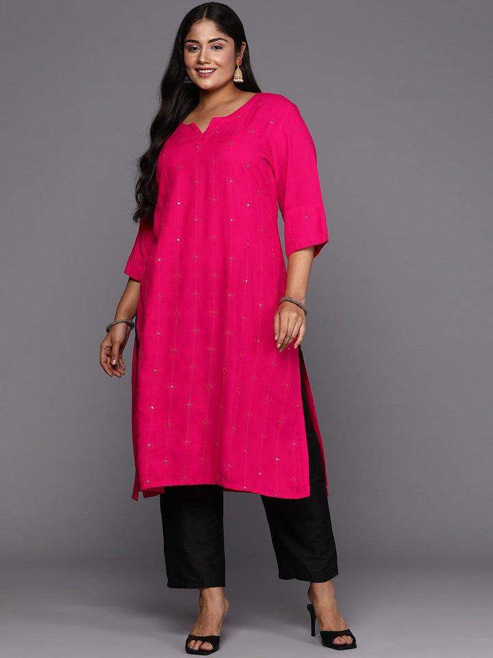 Pink Embroidered Rayon Straight Kurta - ShopLibas