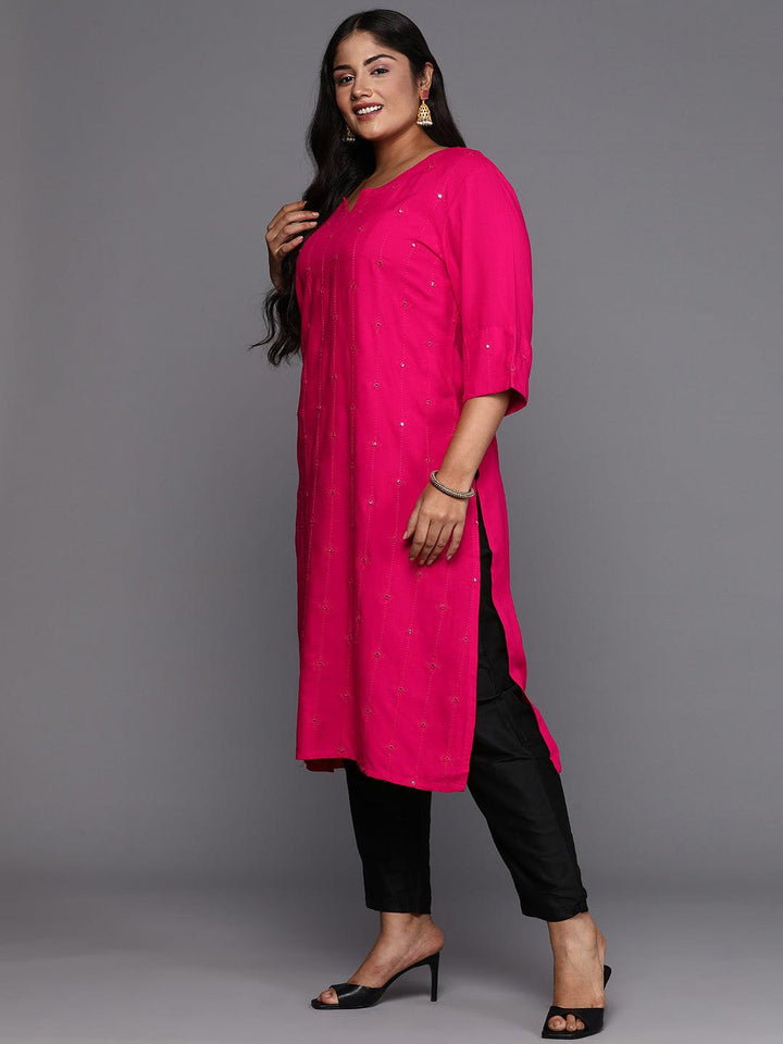 Pink Embroidered Rayon Straight Kurta - ShopLibas