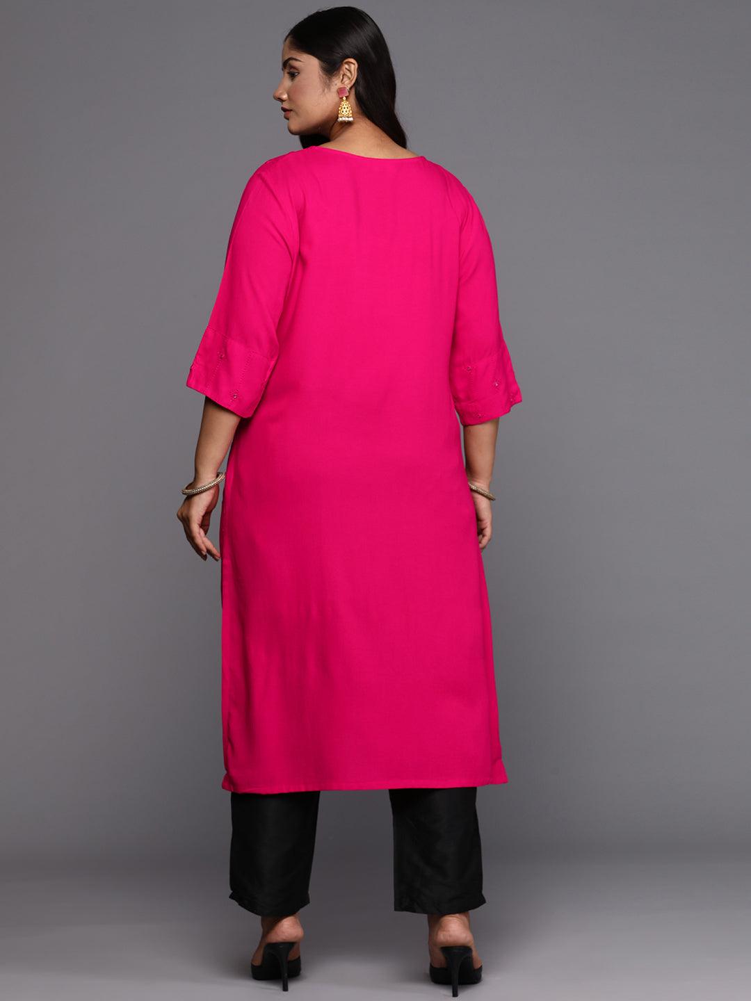 Pink Embroidered Rayon Straight Kurta - ShopLibas