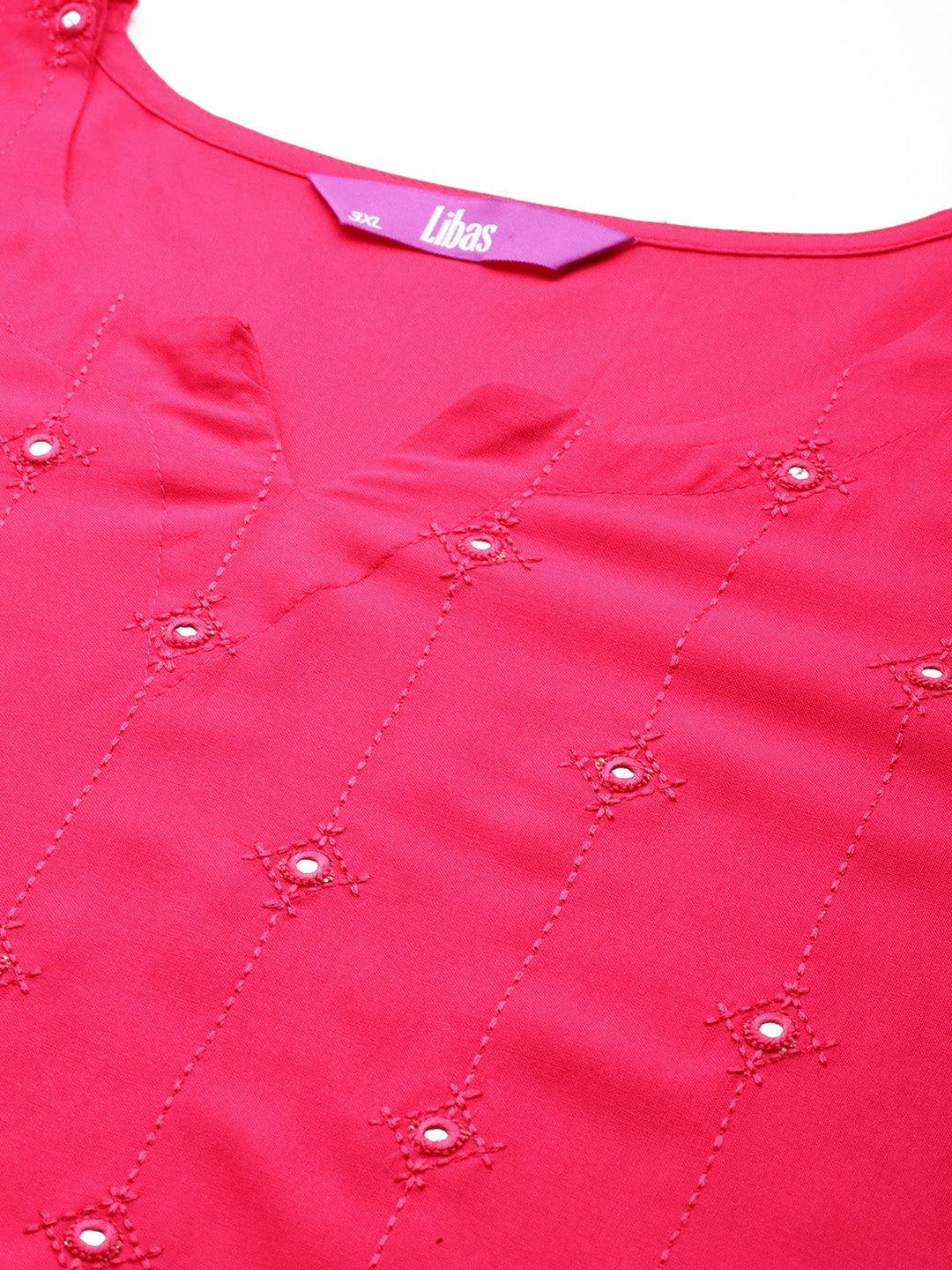 Pink Embroidered Rayon Straight Kurta - ShopLibas