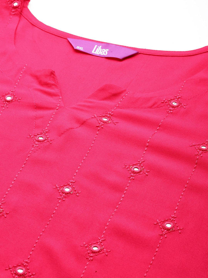Pink Embroidered Rayon Straight Kurta - ShopLibas