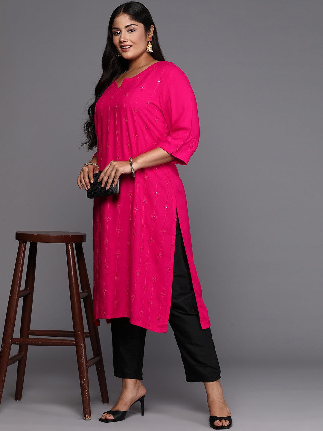 Pink Embroidered Rayon Straight Kurta - ShopLibas