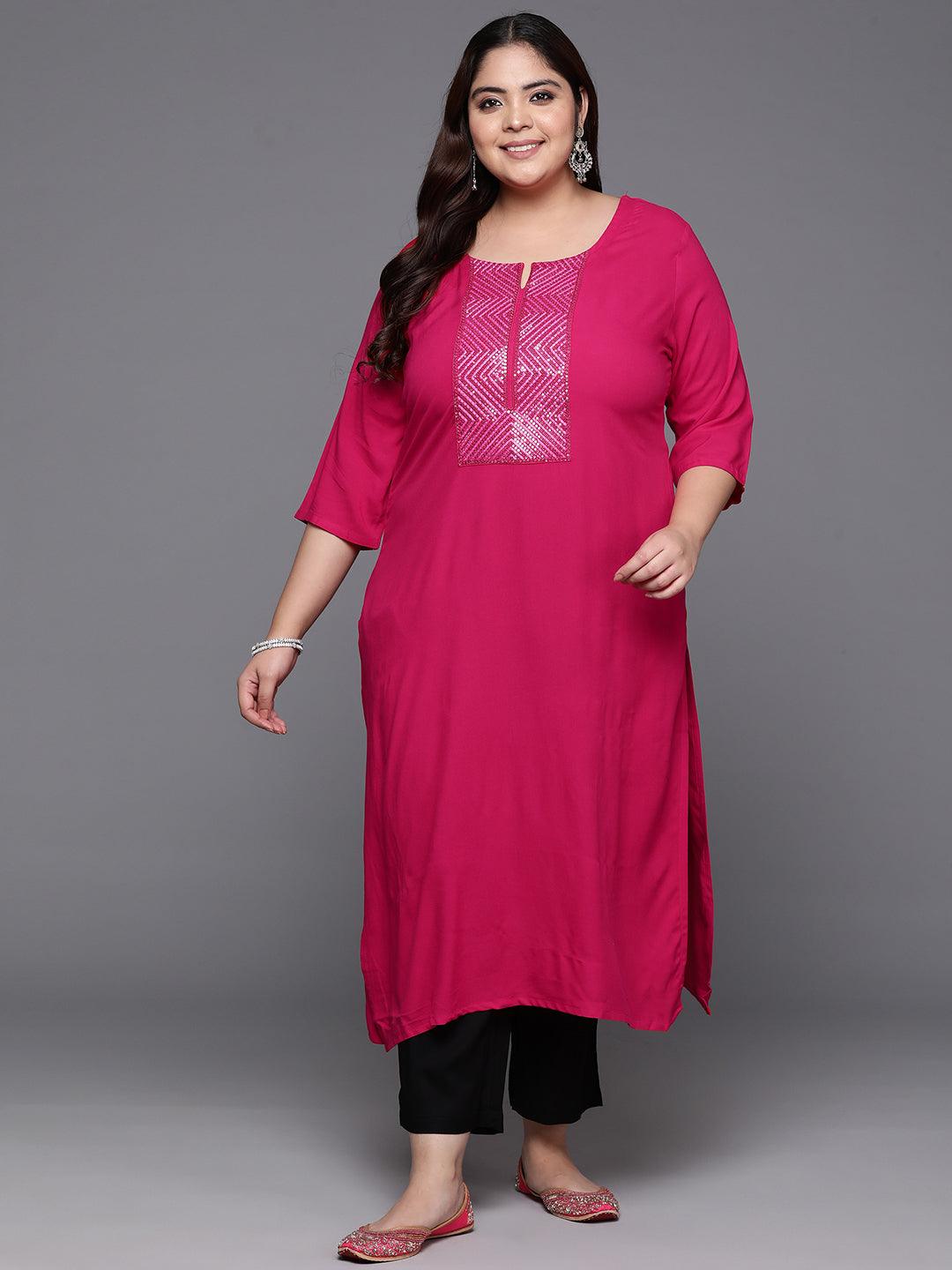 Plus Size Pink Embellished Rayon Straight Kurta - ShopLibas