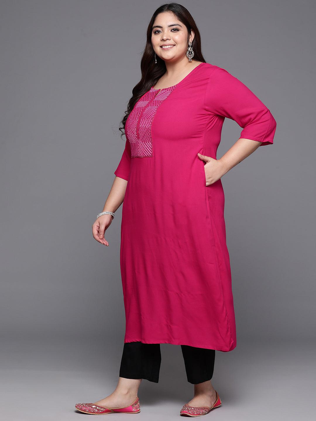 Plus Size Pink Embellished Rayon Straight Kurta - ShopLibas