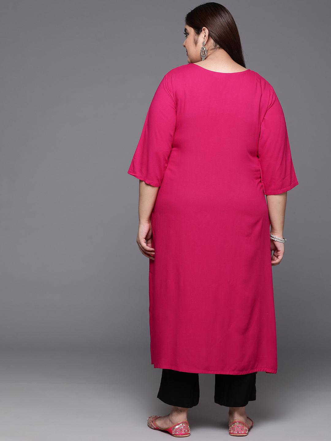 Plus Size Pink Embellished Rayon Straight Kurta - ShopLibas