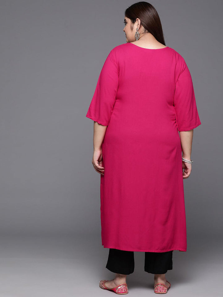 Plus Size Pink Embellished Rayon Straight Kurta - ShopLibas