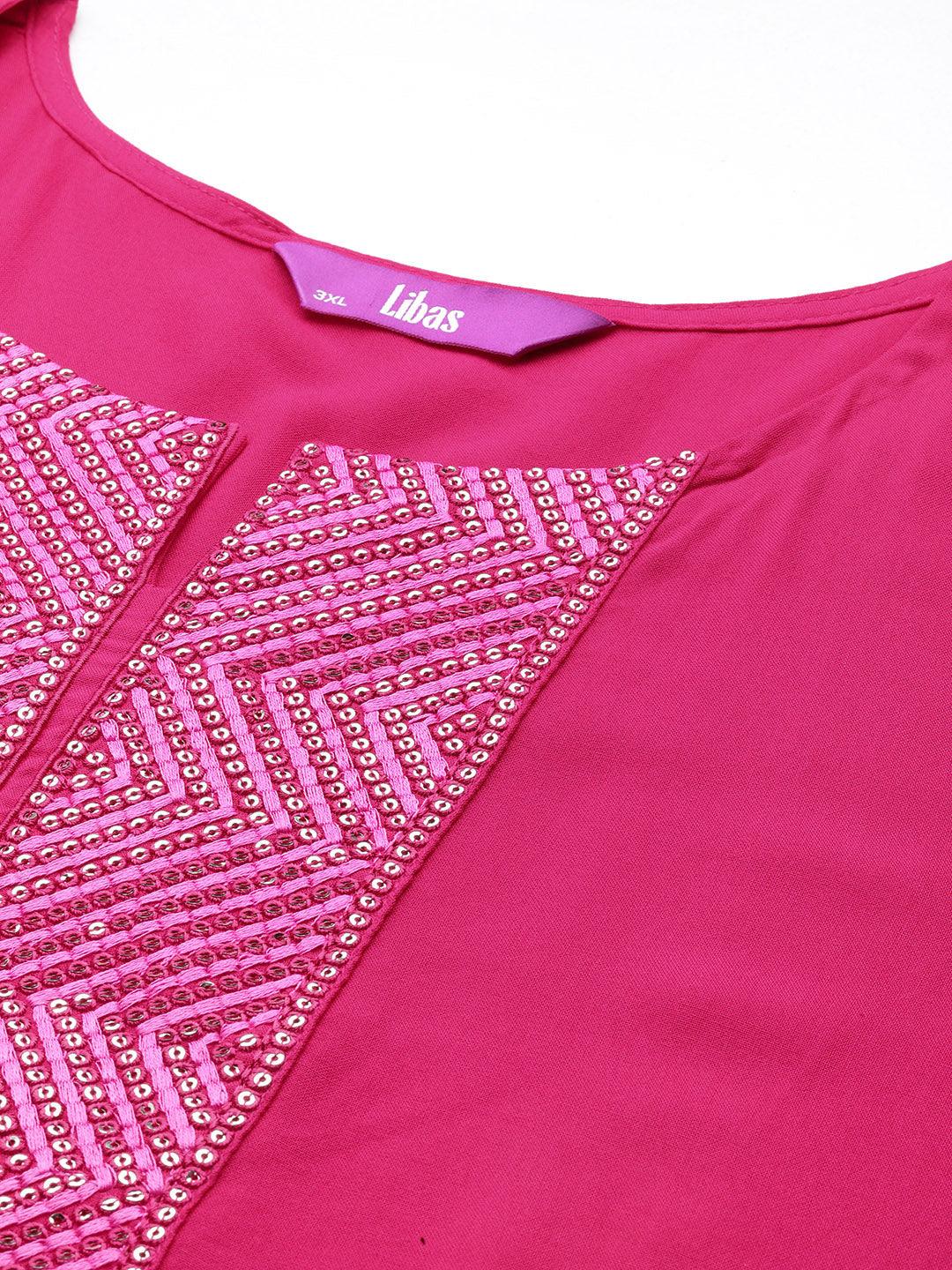 Plus Size Pink Embellished Rayon Straight Kurta - ShopLibas