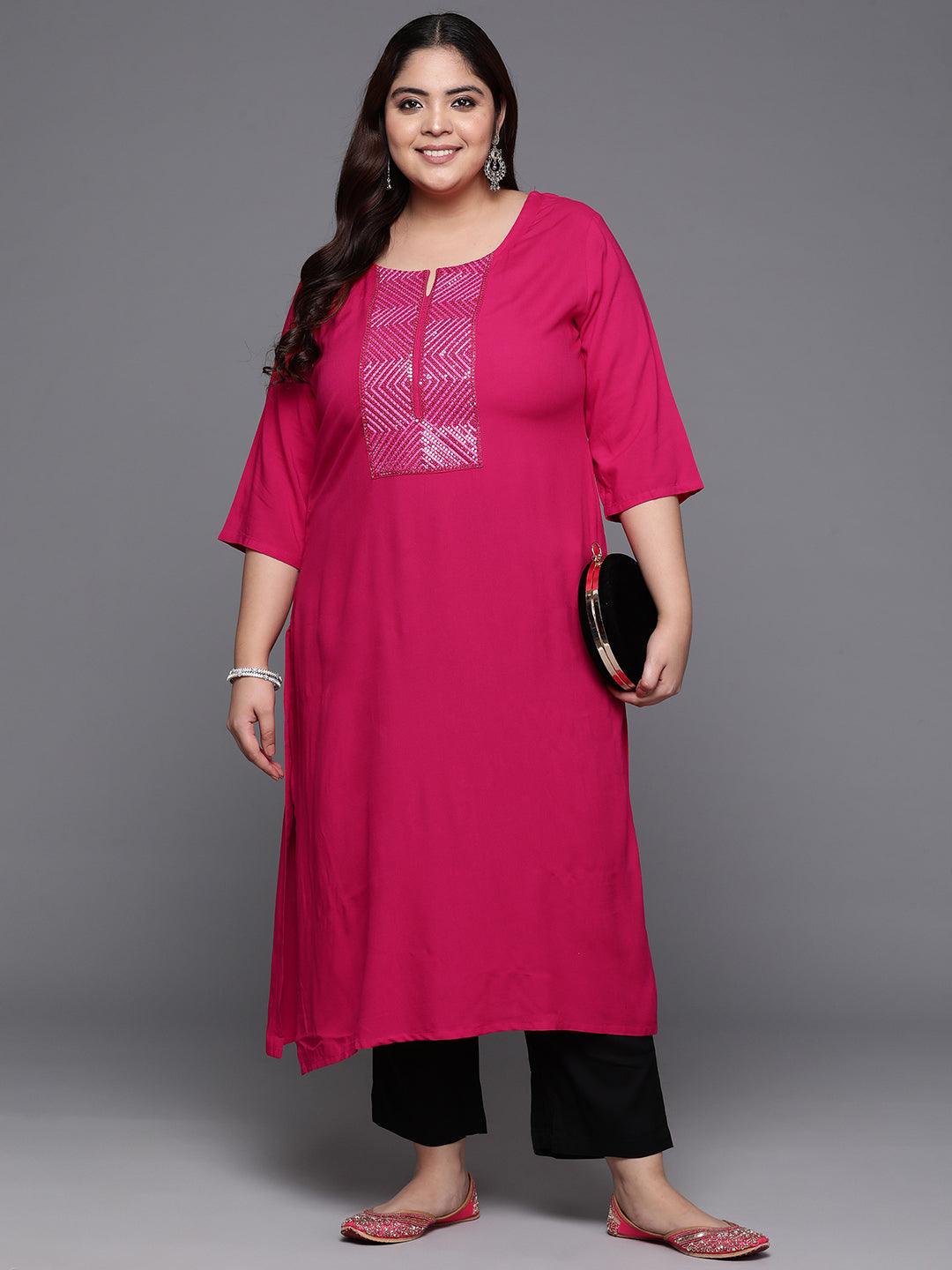 Plus Size Pink Embellished Rayon Straight Kurta - ShopLibas