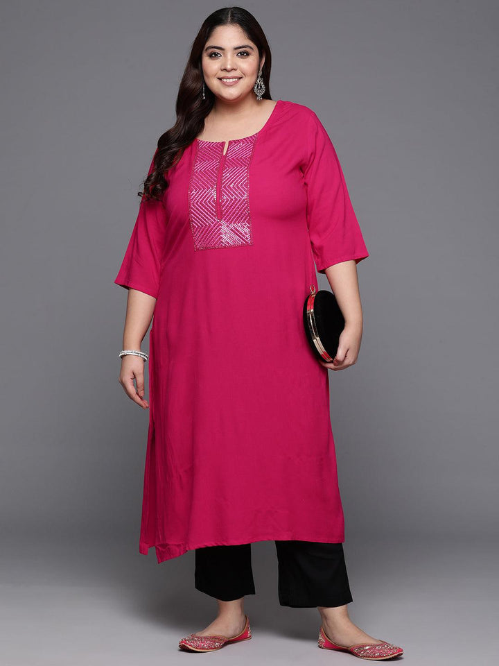 Plus Size Pink Embellished Rayon Straight Kurta - ShopLibas