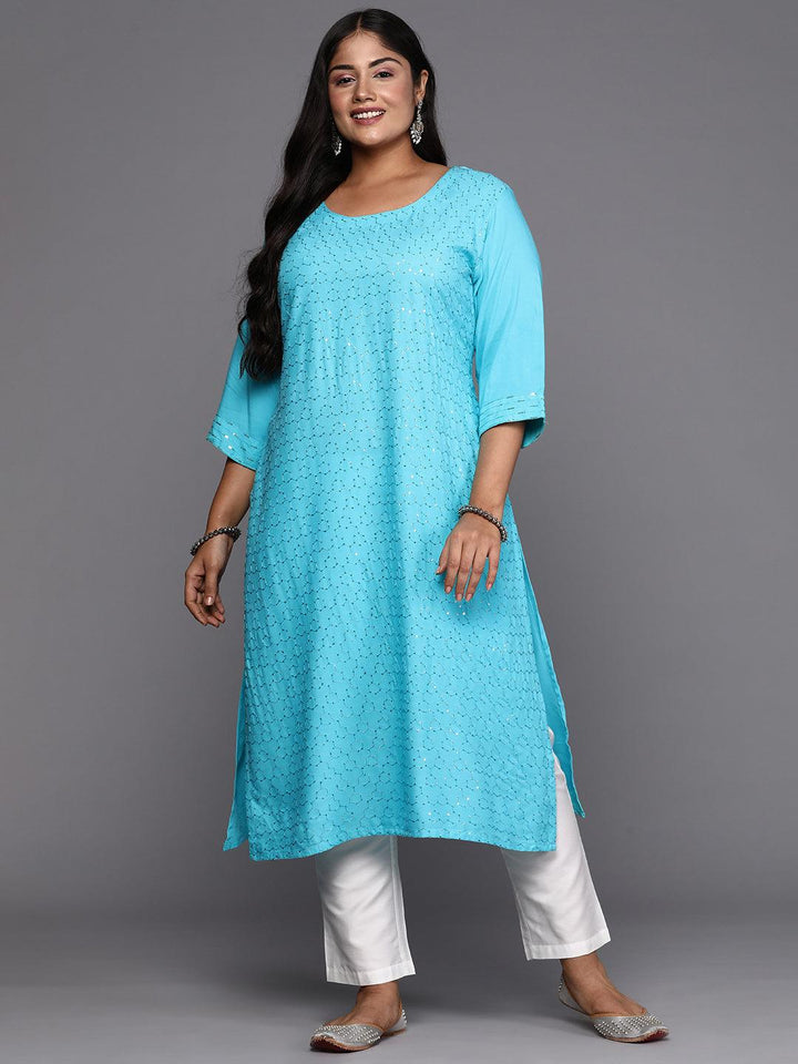 Blue Embroidered Rayon Straight Kurta - ShopLibas