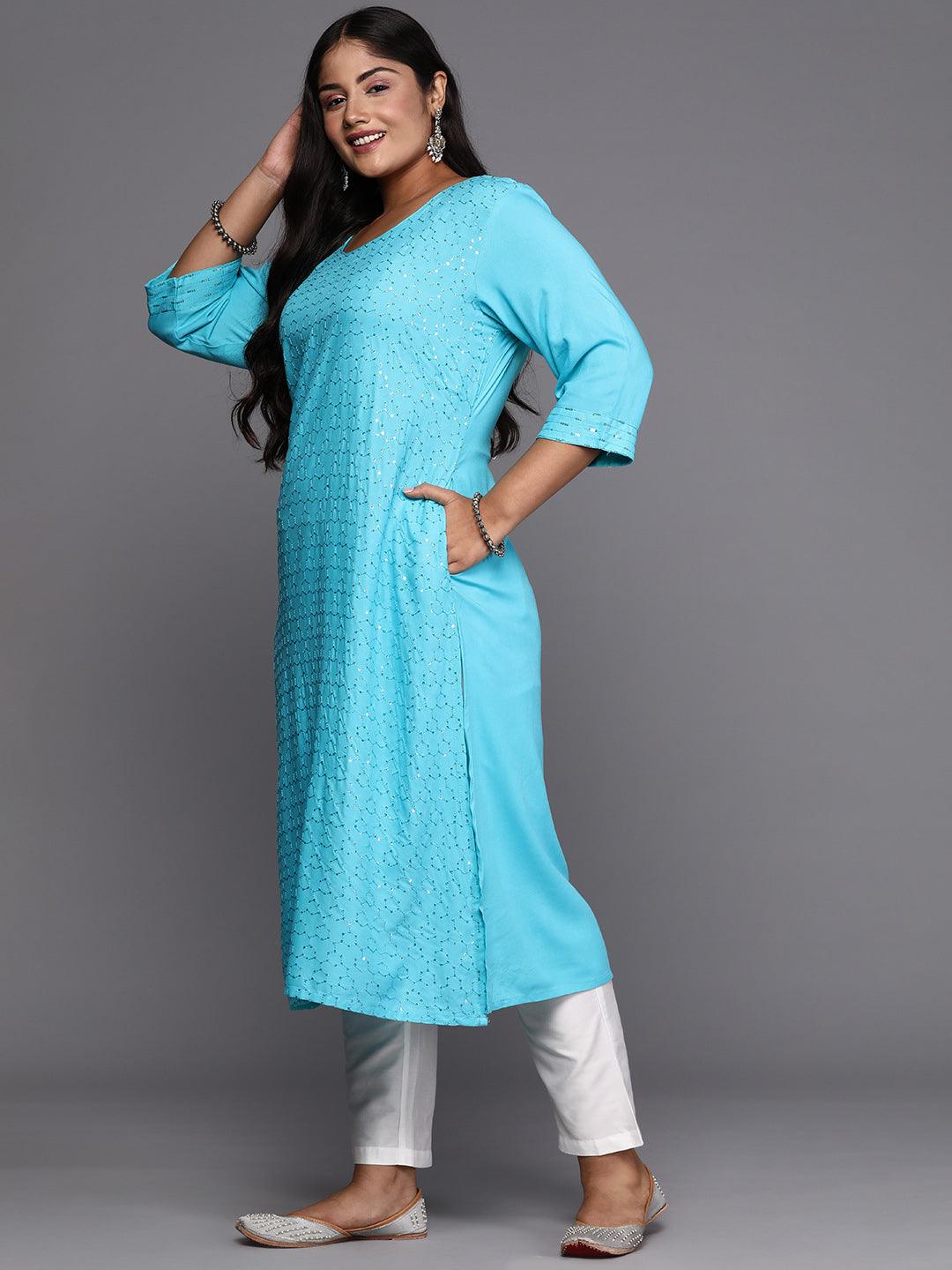 Blue Embroidered Rayon Straight Kurta - ShopLibas