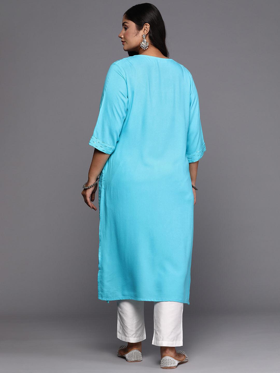 Blue Embroidered Rayon Straight Kurta - ShopLibas