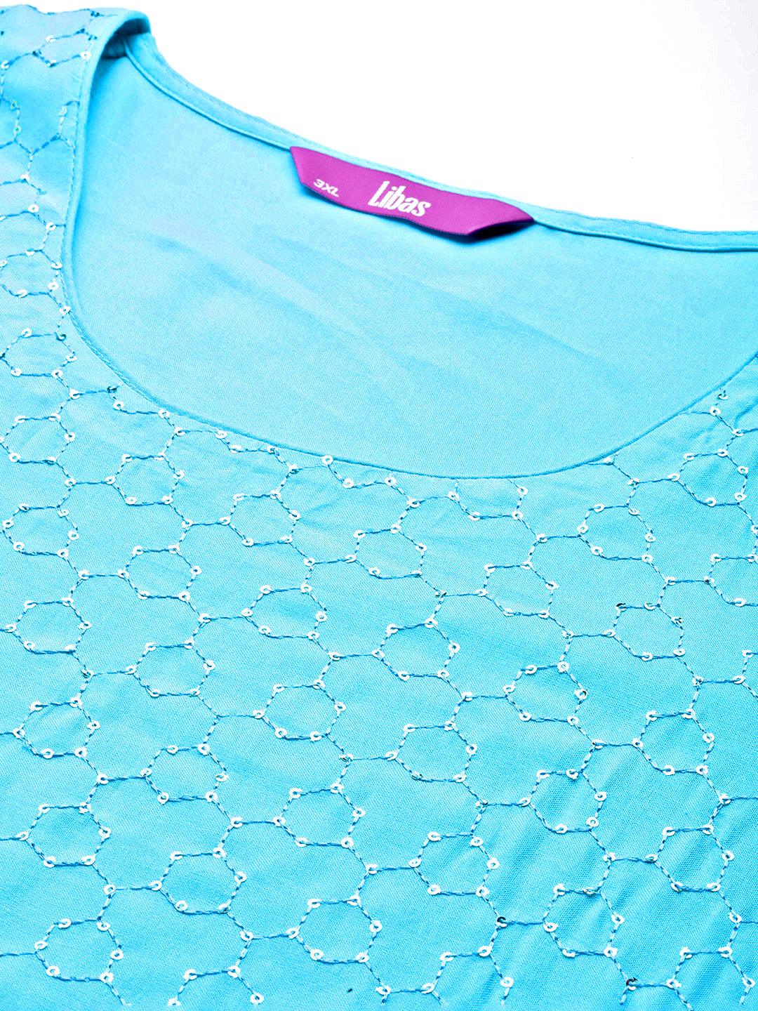 Blue Embroidered Rayon Straight Kurta - ShopLibas