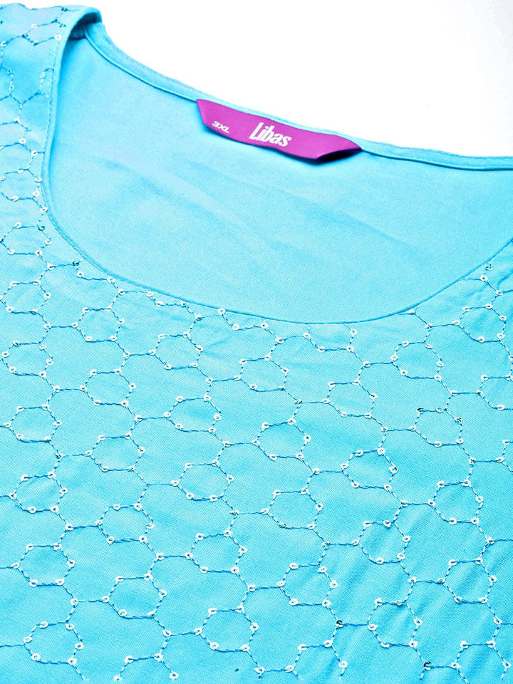 Blue Embroidered Rayon Straight Kurta - ShopLibas