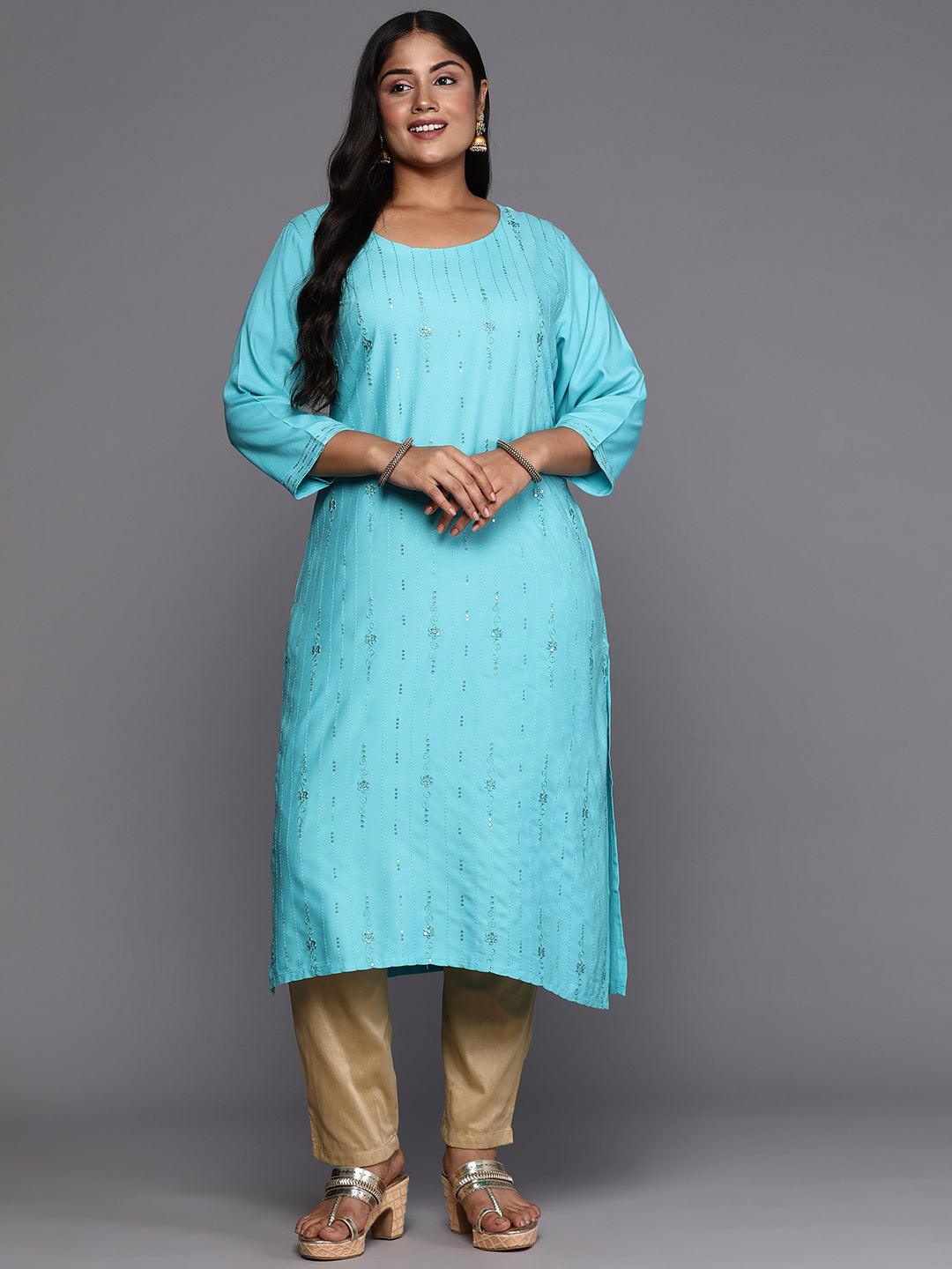 Blue Embroidered Rayon Straight Kurta - ShopLibas