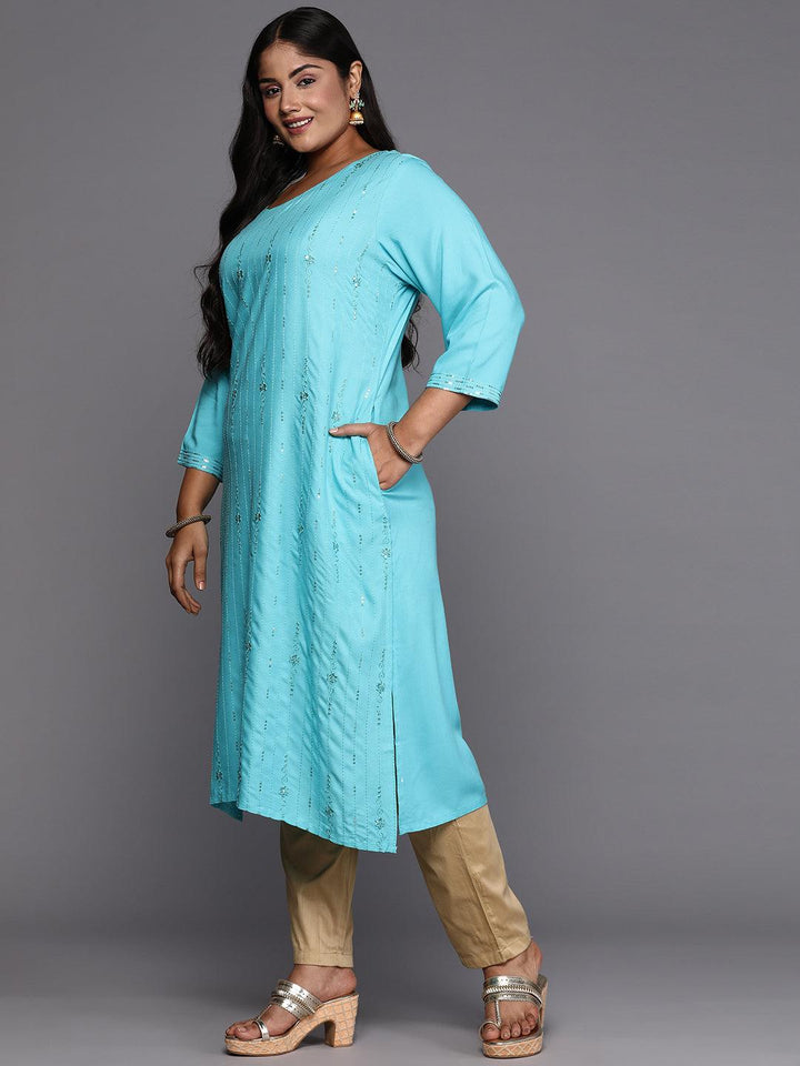 Blue Embroidered Rayon Straight Kurta - ShopLibas