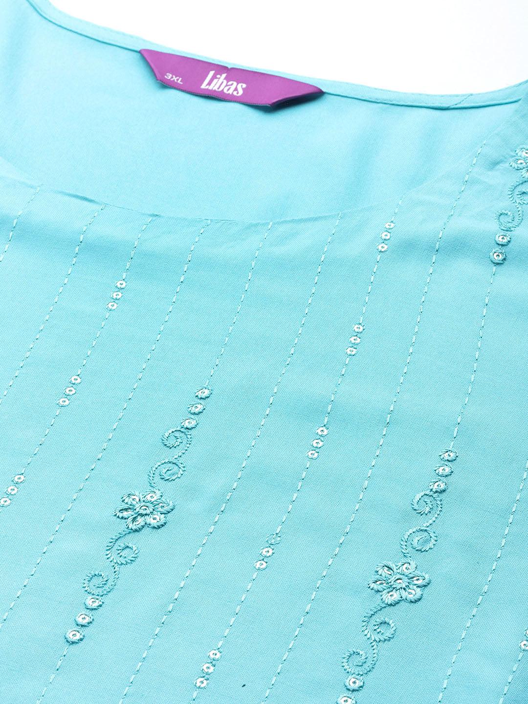 Blue Embroidered Rayon Straight Kurta - ShopLibas