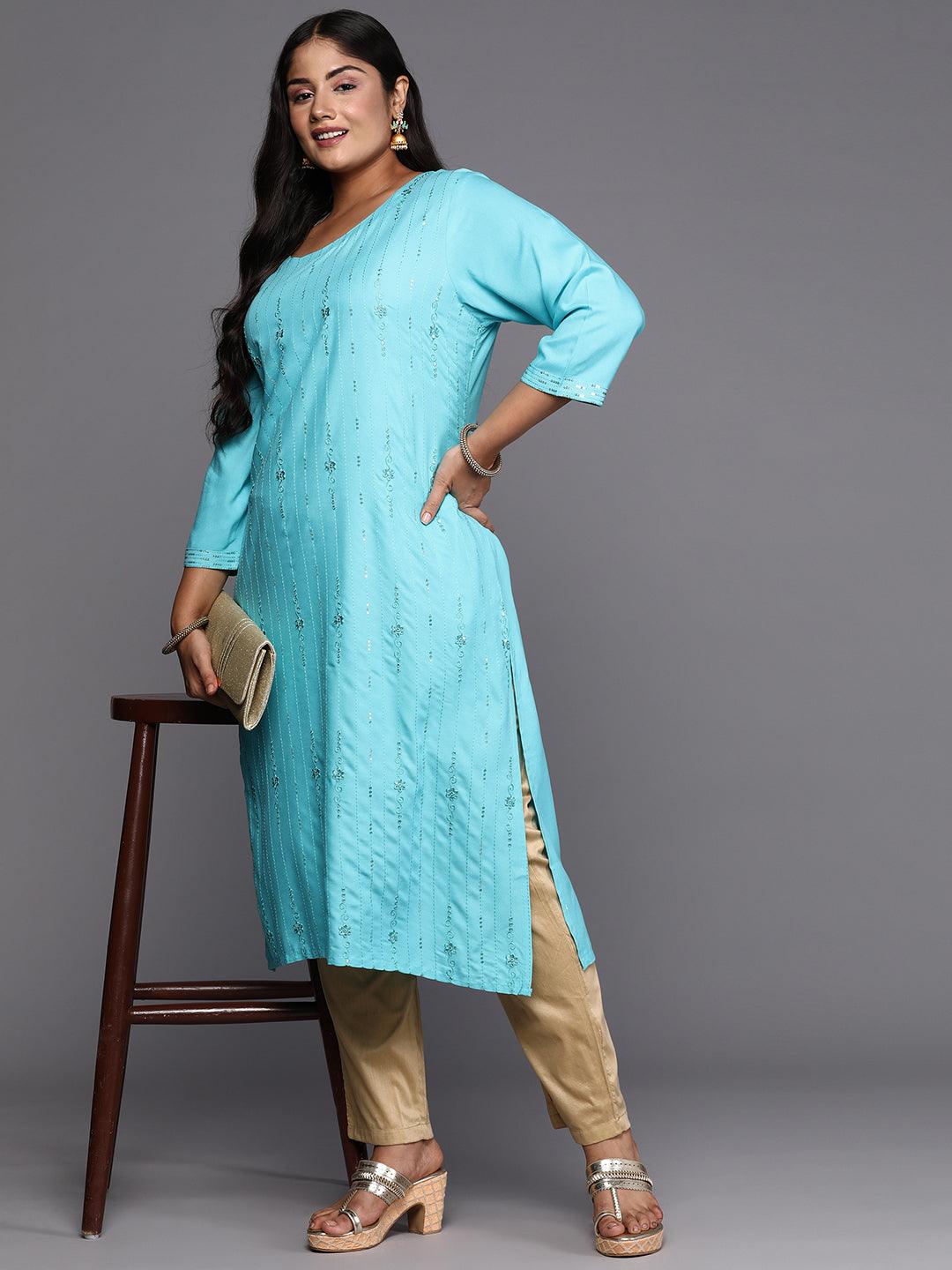 Blue Embroidered Rayon Straight Kurta - ShopLibas