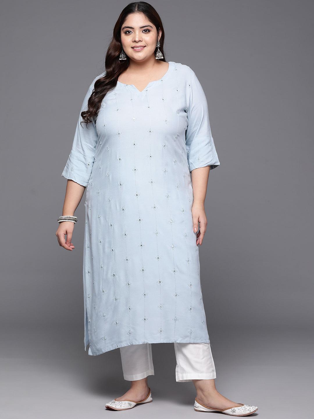 Plus Size Grey Embroidered Rayon Straight Kurta - ShopLibas