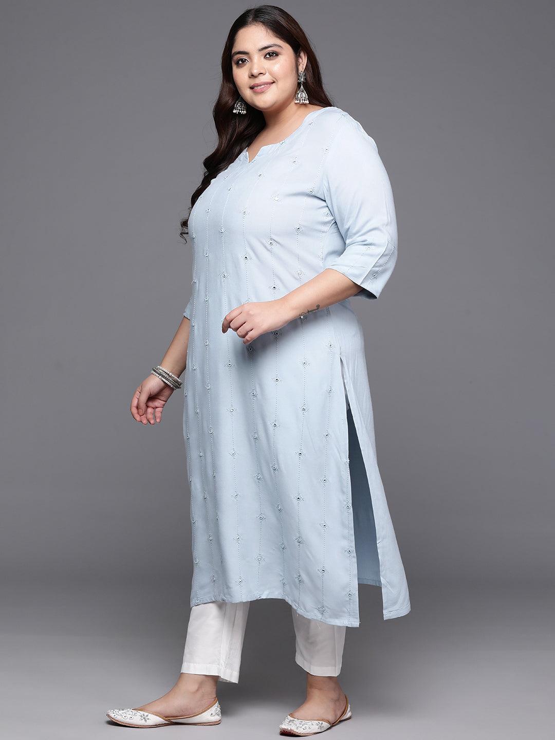Plus Size Grey Embroidered Rayon Straight Kurta - ShopLibas