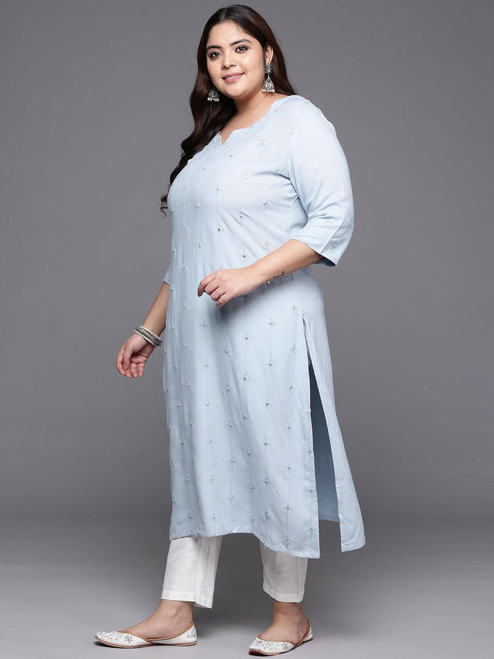 Plus Size Grey Embroidered Rayon Straight Kurta - ShopLibas