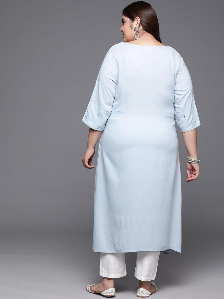 Plus Size Grey Embroidered Rayon Straight Kurta - ShopLibas