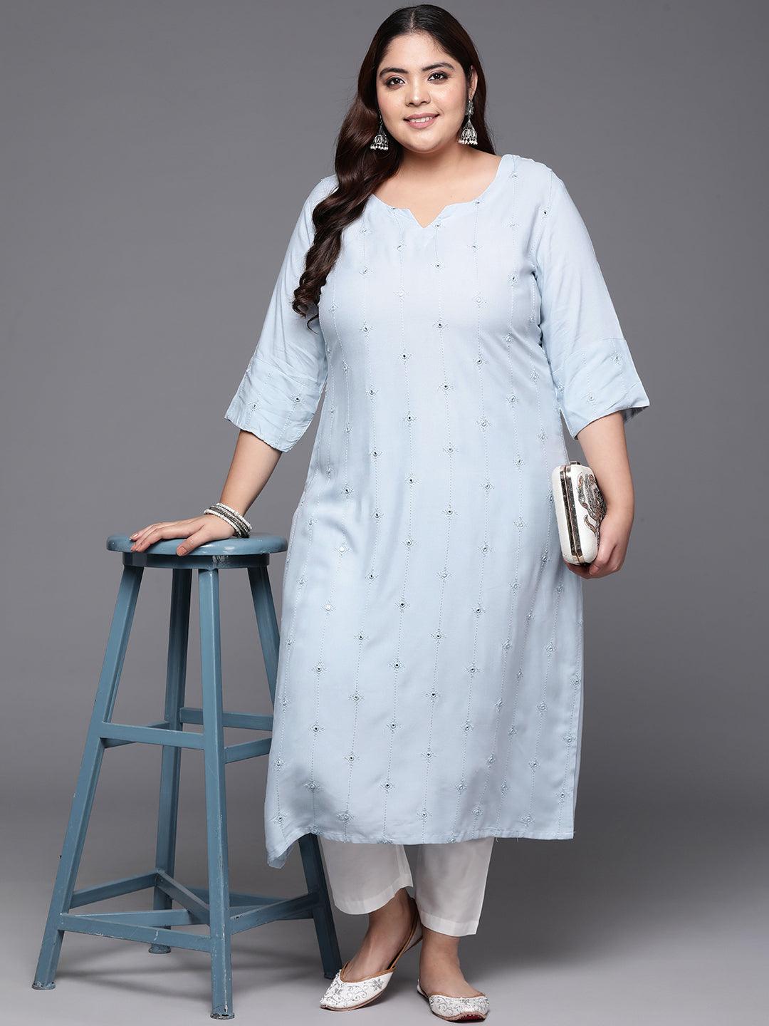 Plus Size Grey Embroidered Rayon Straight Kurta - ShopLibas