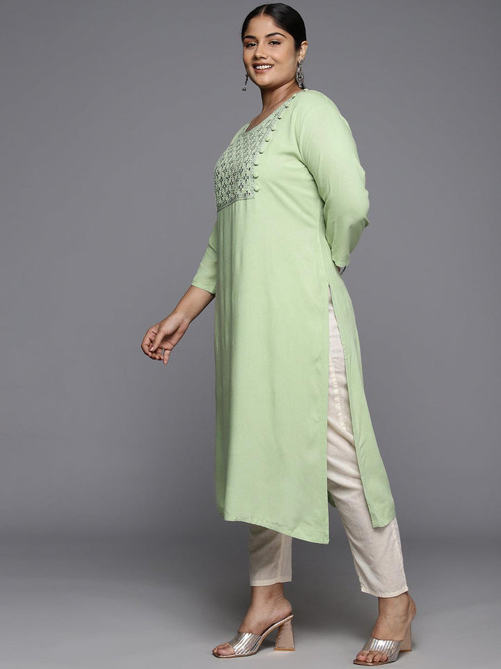 Plus Size Green Rayon Yoke Design Straight Kurta - ShopLibas