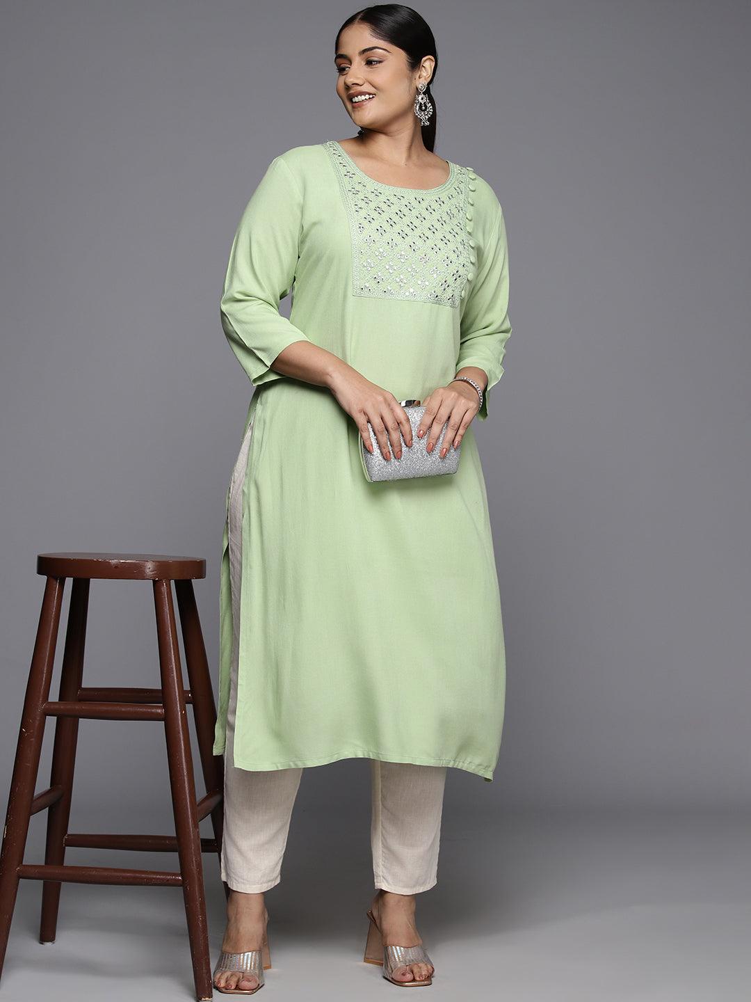 Plus Size Green Rayon Yoke Design Straight Kurta - ShopLibas