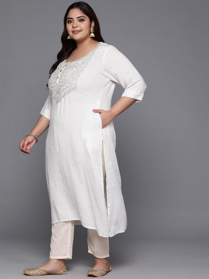 Plus Size White Printed Rayon Straight Kurta - ShopLibas