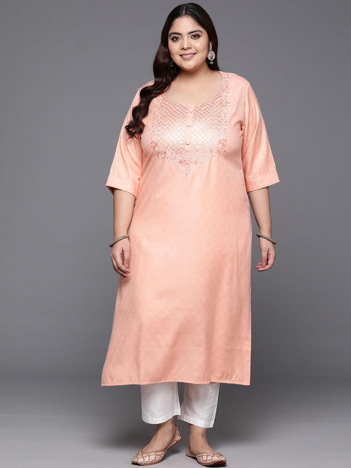 Plus Size Peach Printed Rayon Straight Kurta - ShopLibas
