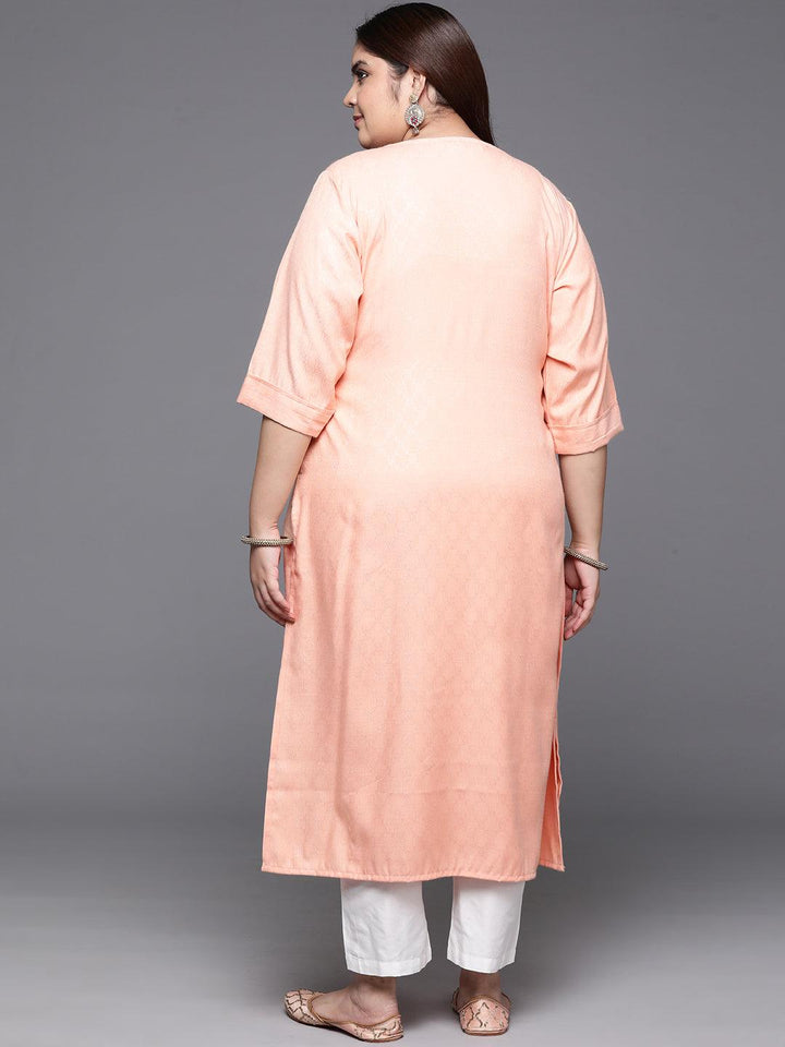 Plus Size Peach Printed Rayon Straight Kurta - ShopLibas