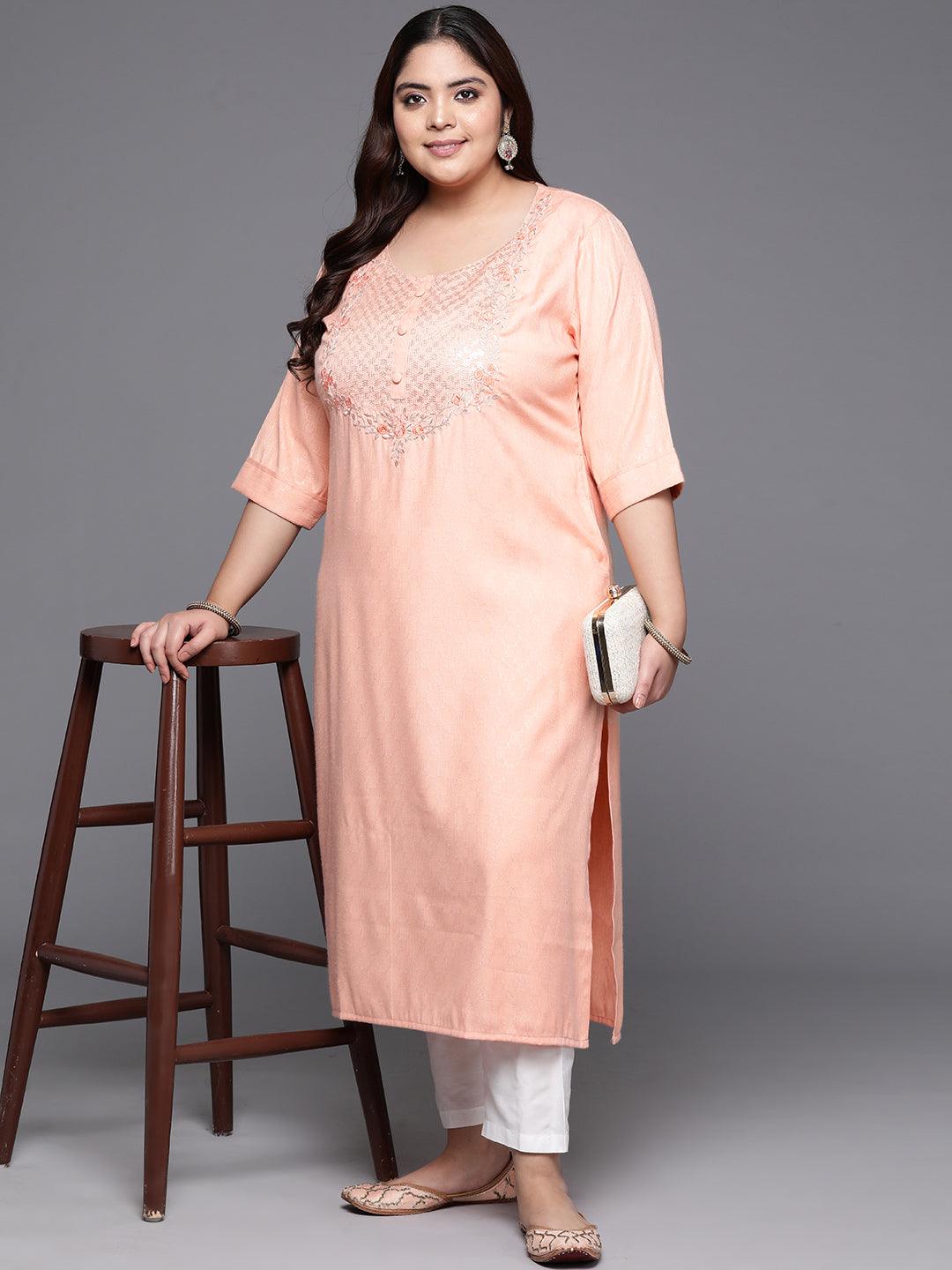 Plus Size Peach Printed Rayon Straight Kurta - ShopLibas