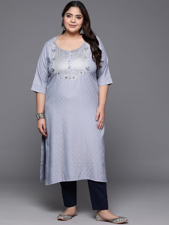 Plus Size Grey Printed Rayon Straight Kurta - ShopLibas