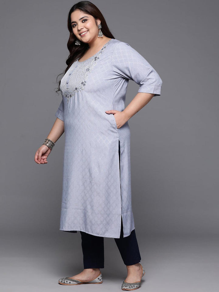 Plus Size Grey Printed Rayon Straight Kurta - ShopLibas