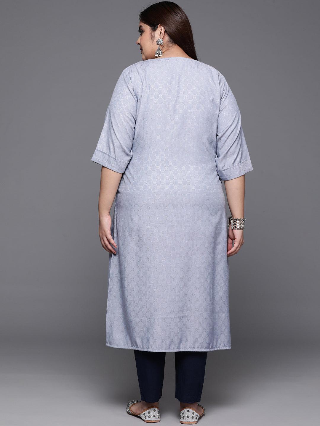Plus Size Grey Printed Rayon Straight Kurta - ShopLibas