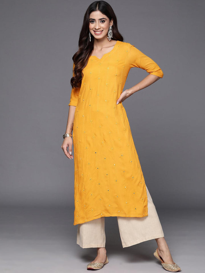 Mustard Embroidered Rayon Straight Kurta
