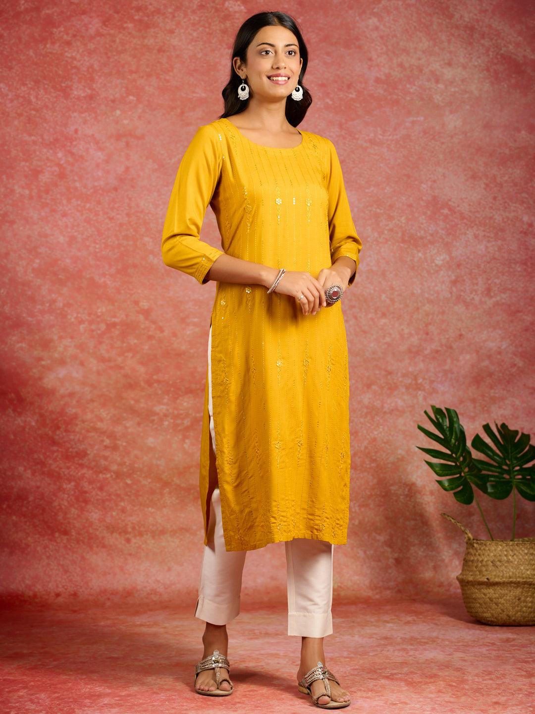 Mustard Sequins Rayon Straight Kurta - ShopLibas