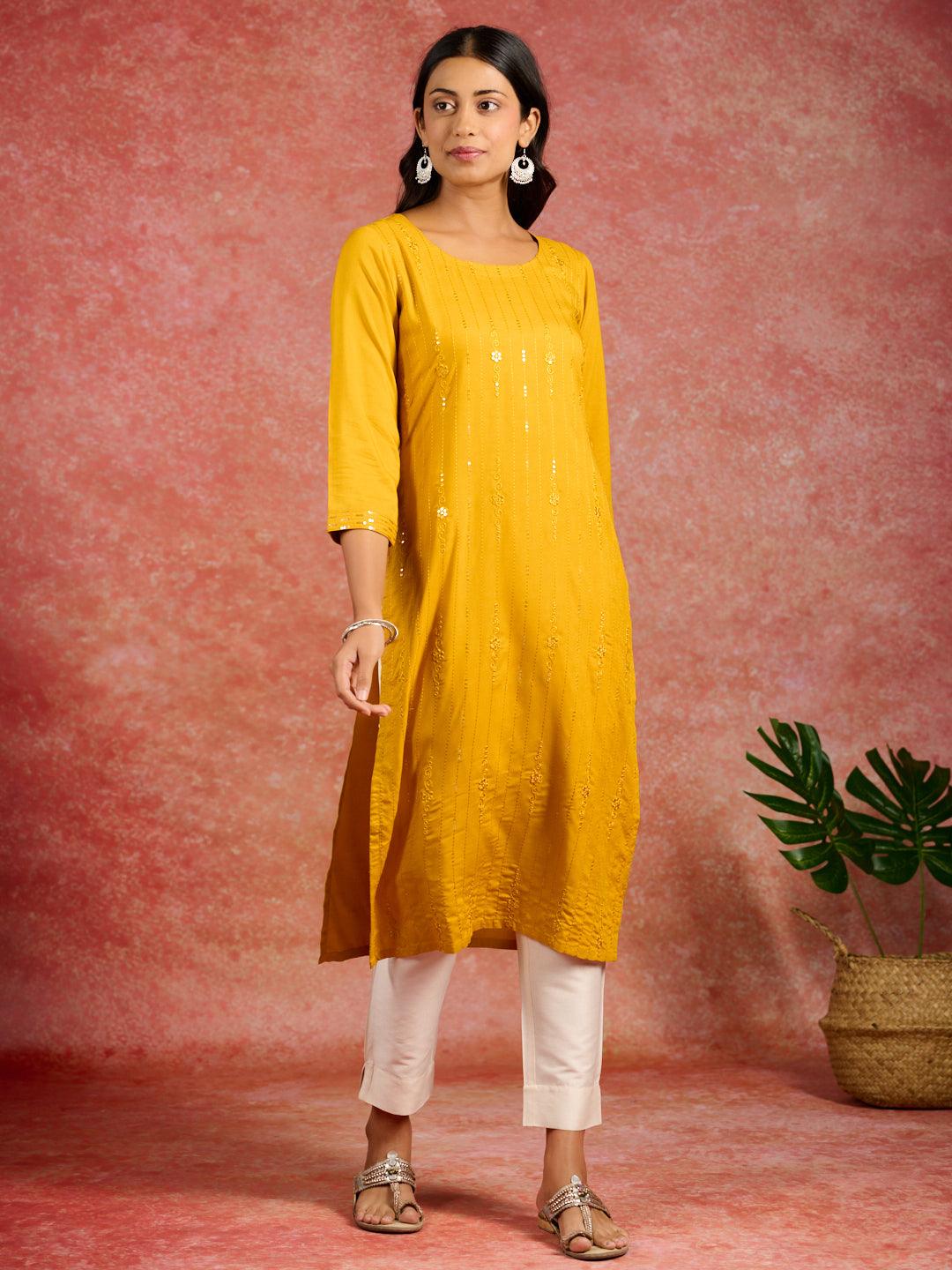 Mustard Sequins Rayon Straight Kurta - ShopLibas 