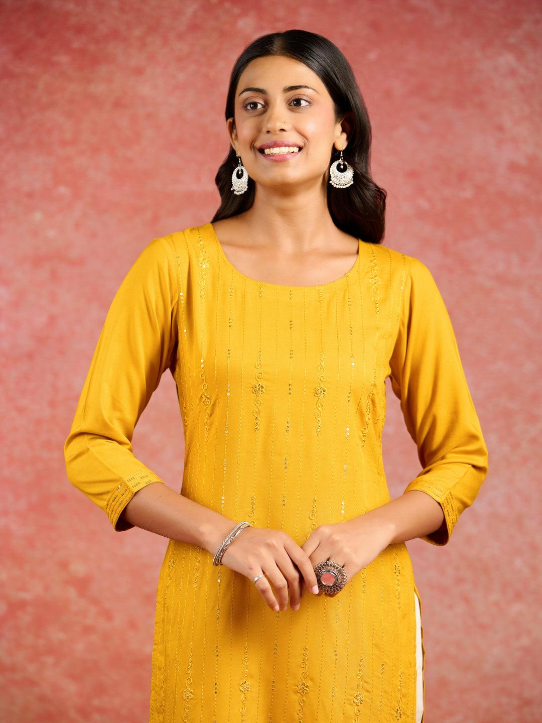 Mustard Sequins Rayon Straight Kurta - ShopLibas 