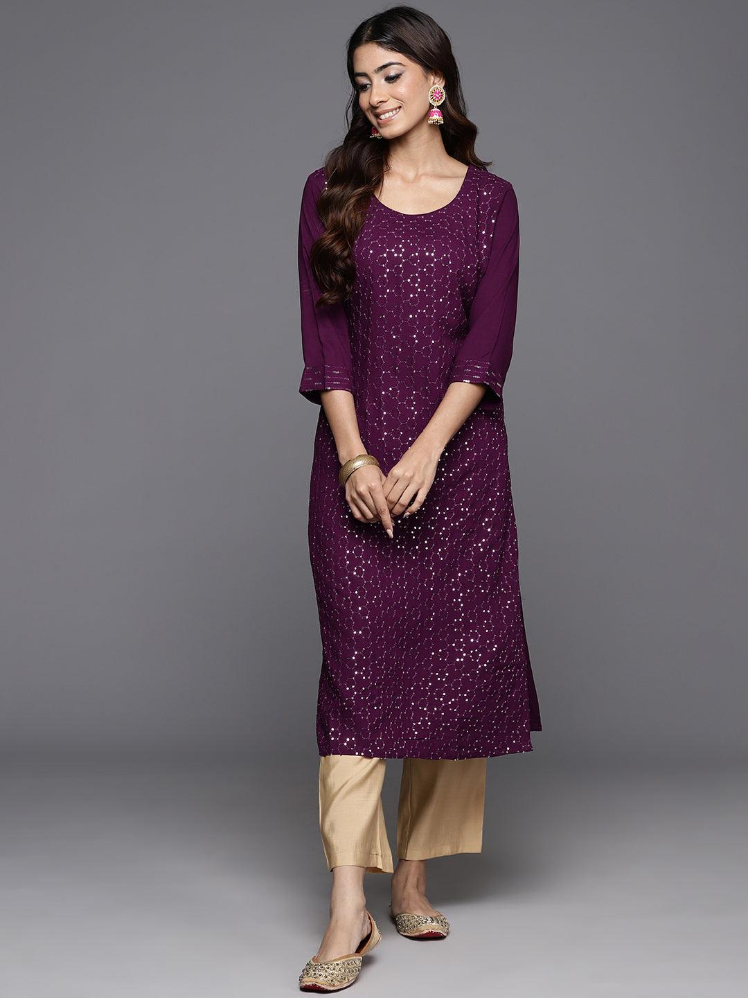 Wine Embroidered Rayon Straight Kurta - ShopLibas